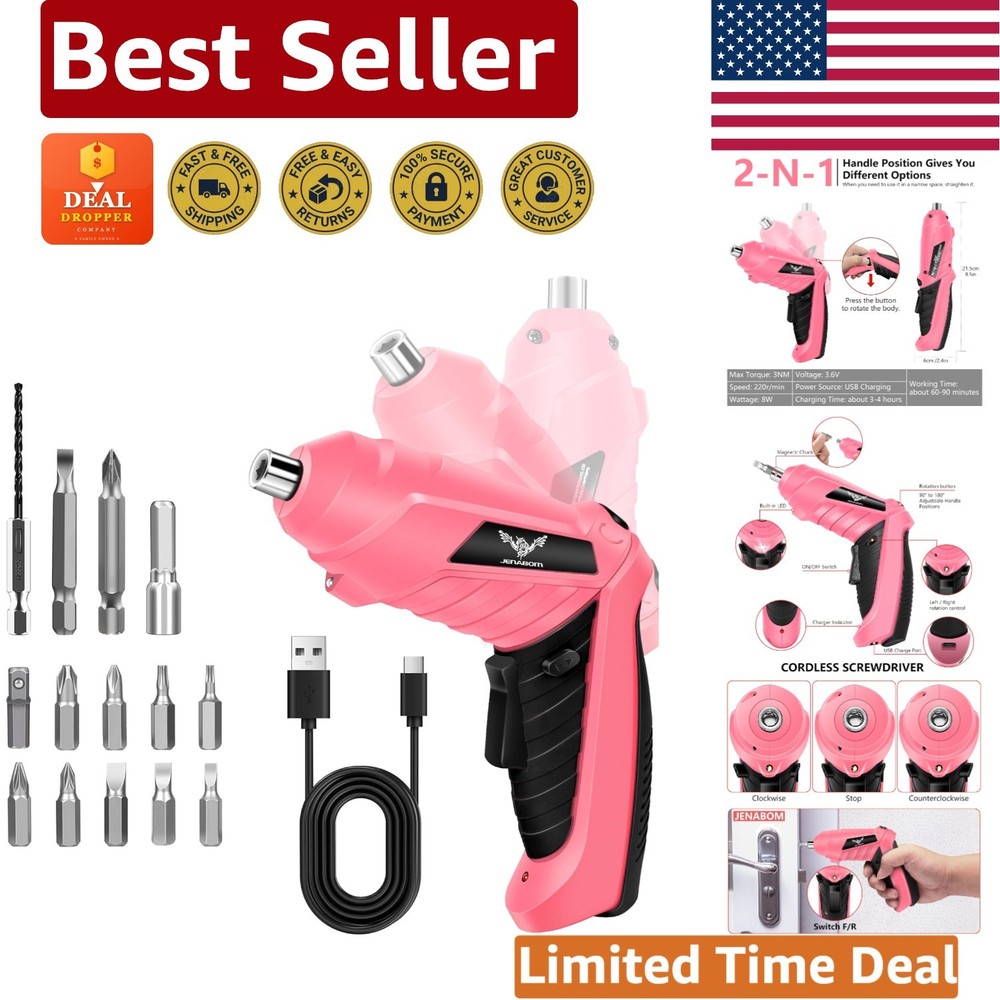 Stylish 3.6V Pink Cordless Screwdriver with 14 Bits & LED Light - Efficient Tool