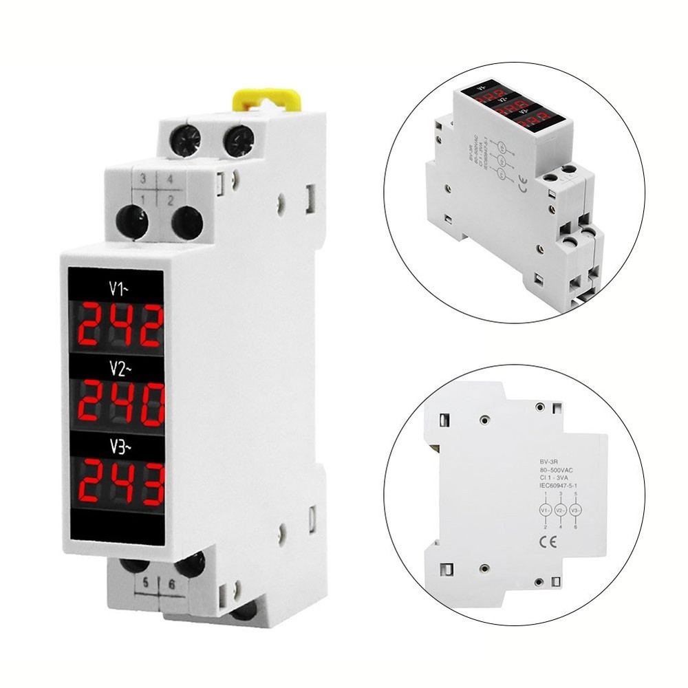 Three Phase Digital Voltmeter BV3R AC 80500V Red Display DIN Rail Meter