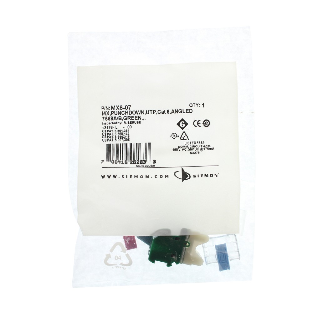 SIEMON MX6-07 MAX-MODULE CAT6 UTP ANGLED DATA JACK INSERT, GREEN