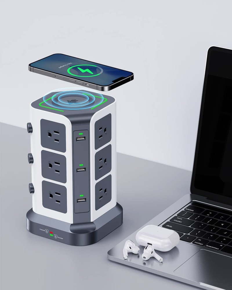 Power Strip Tower, [15W] Wireless Charger Surge Protector - 12 AC Multiple Ou...