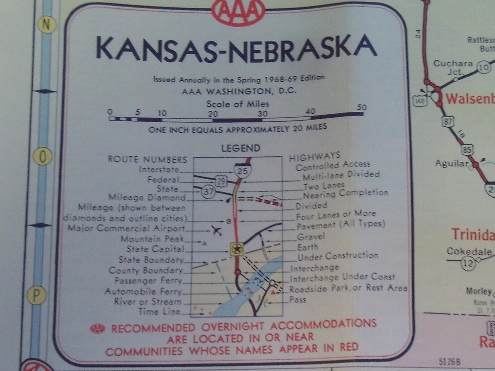 1968 Road Map Kanas & Nebraska AAA....