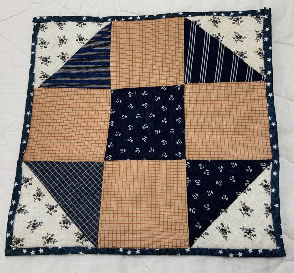 Antique Vintage Patchwork Quilt Table Topper, Nine Patch With Triangles, Navy