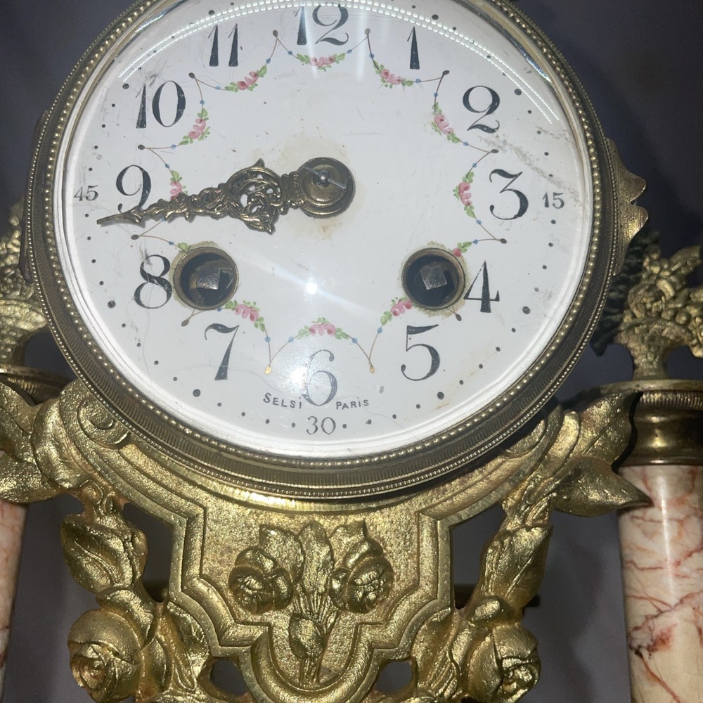 French Marble and Ormulo 5 Column Portico Clock Selsi Paris Three Piece Set