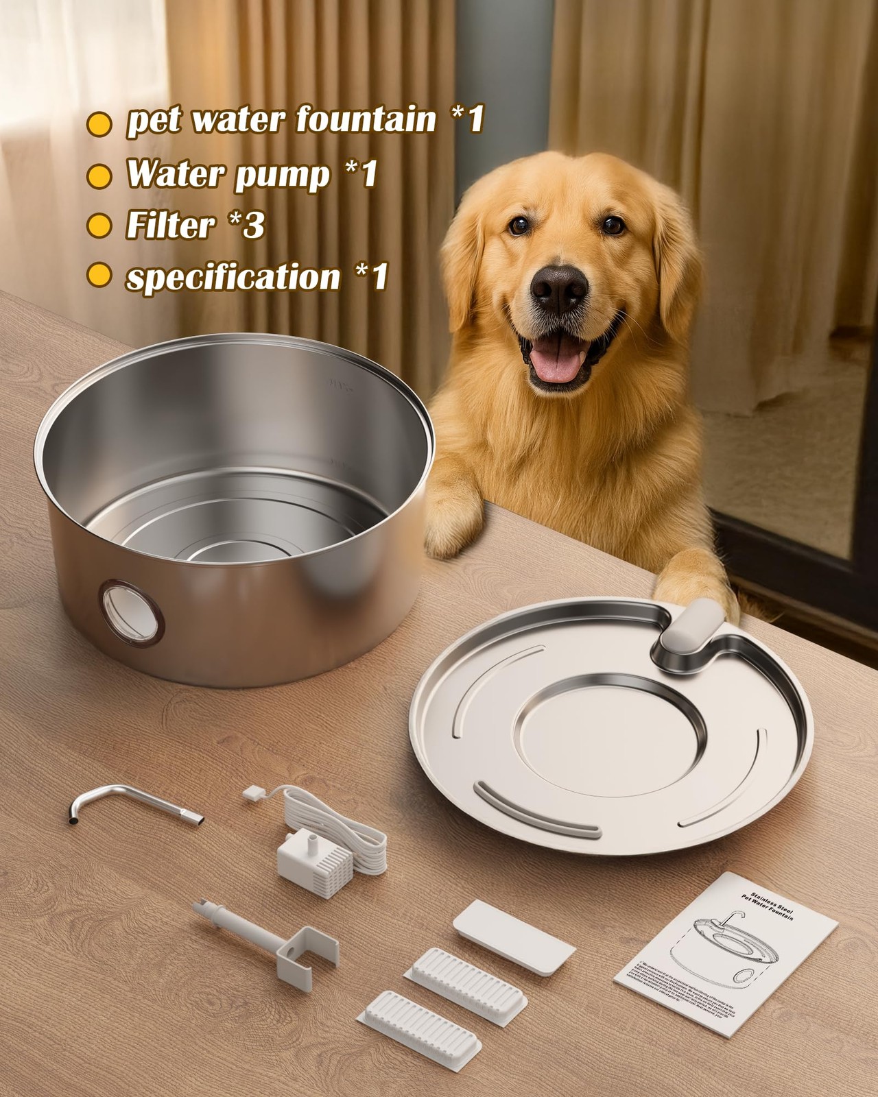 Best Dog Water Fountain for Large Dogs- 270oz/8L Stainless Steel Bowl Dispenser