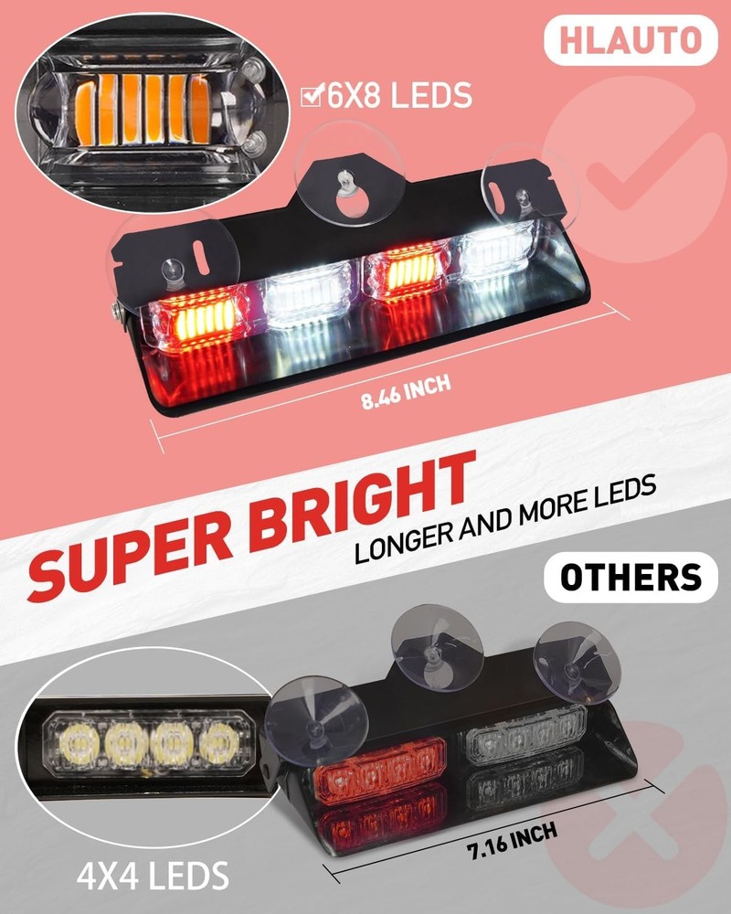Dash Strobe Light Bar 48LED Red White Emergency HLauto