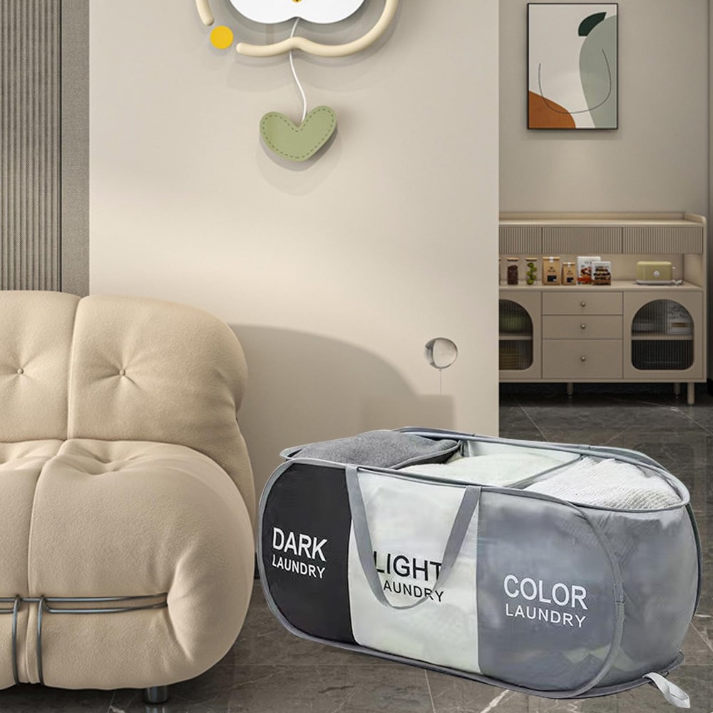 3 Compartment Foldable Pop Up Laundry Hamper Collapsible Sorting Basket