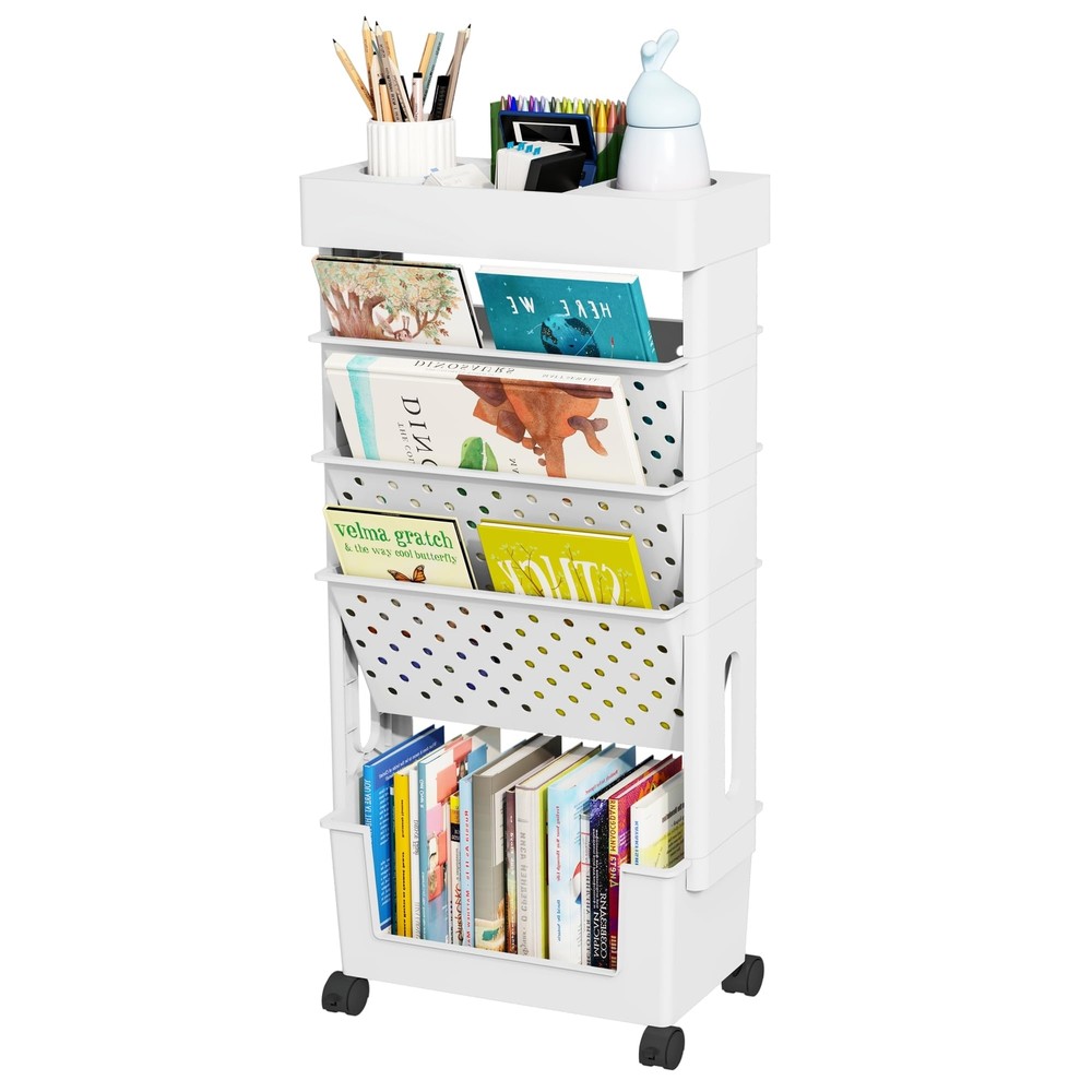 5tier Mobile Bookshelf Rolling Bookcase Book Storage Rack Movable File Folder Or