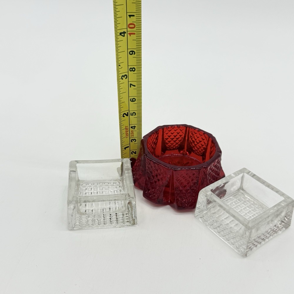 Vtg Mosser Glass Ruby Red Hatched Panel Open Salt Cellar Dip W/2 Clear Cellars