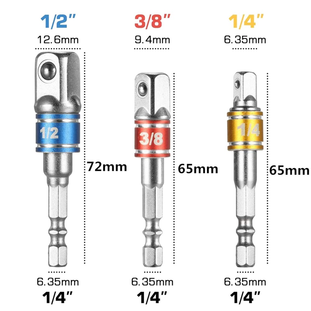 6Pcs Socket Adapter Drill Bits Set Hex Impact Driver Tools 1/4" 3/8" 1/2" Shank