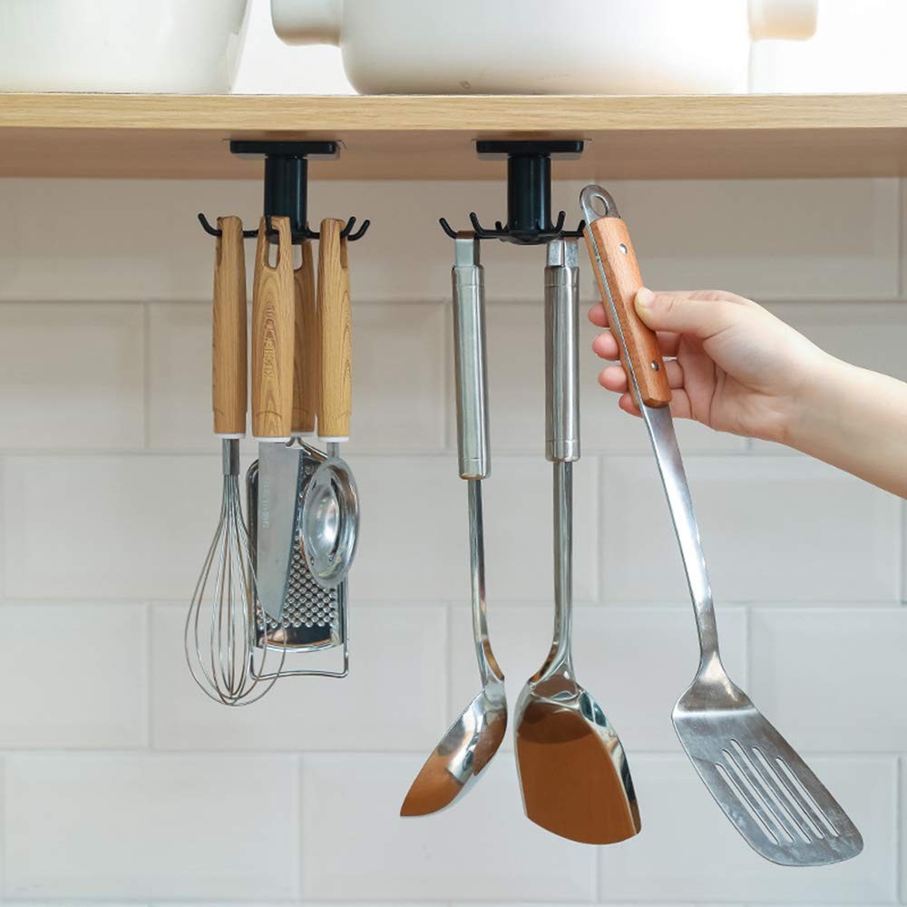 2PCS Under Cabinet Hooks, 360 °Rotation Kitchen Hooks for Utensils,storage sh...