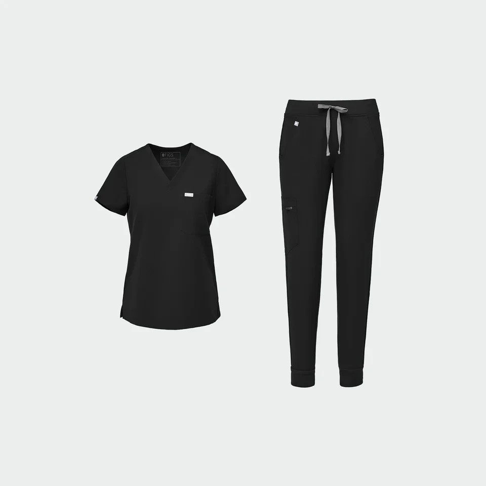 NEW FIGS Catarina One-Pocket Scrub Top & Zamora Jogger Pants Set – Black