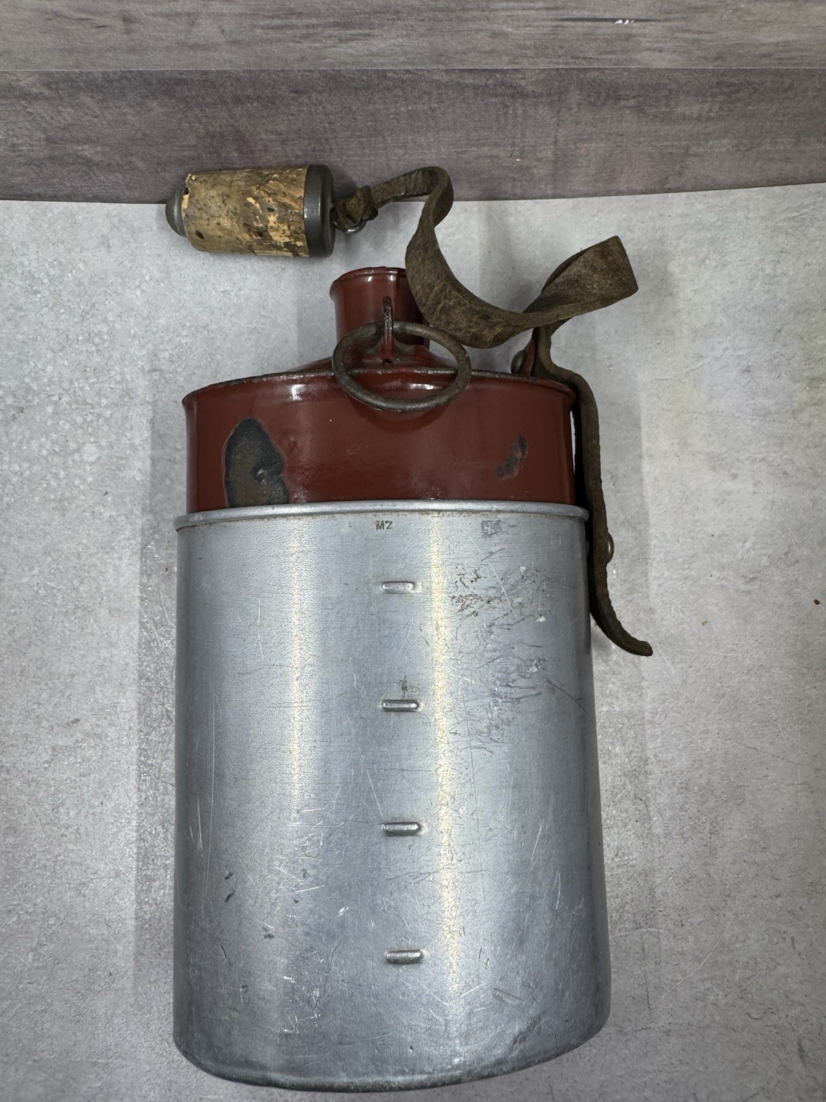 Vintage Swiss Army Canteen Enamel Water Bottle w/ Cork & Leather Strap 8.5”