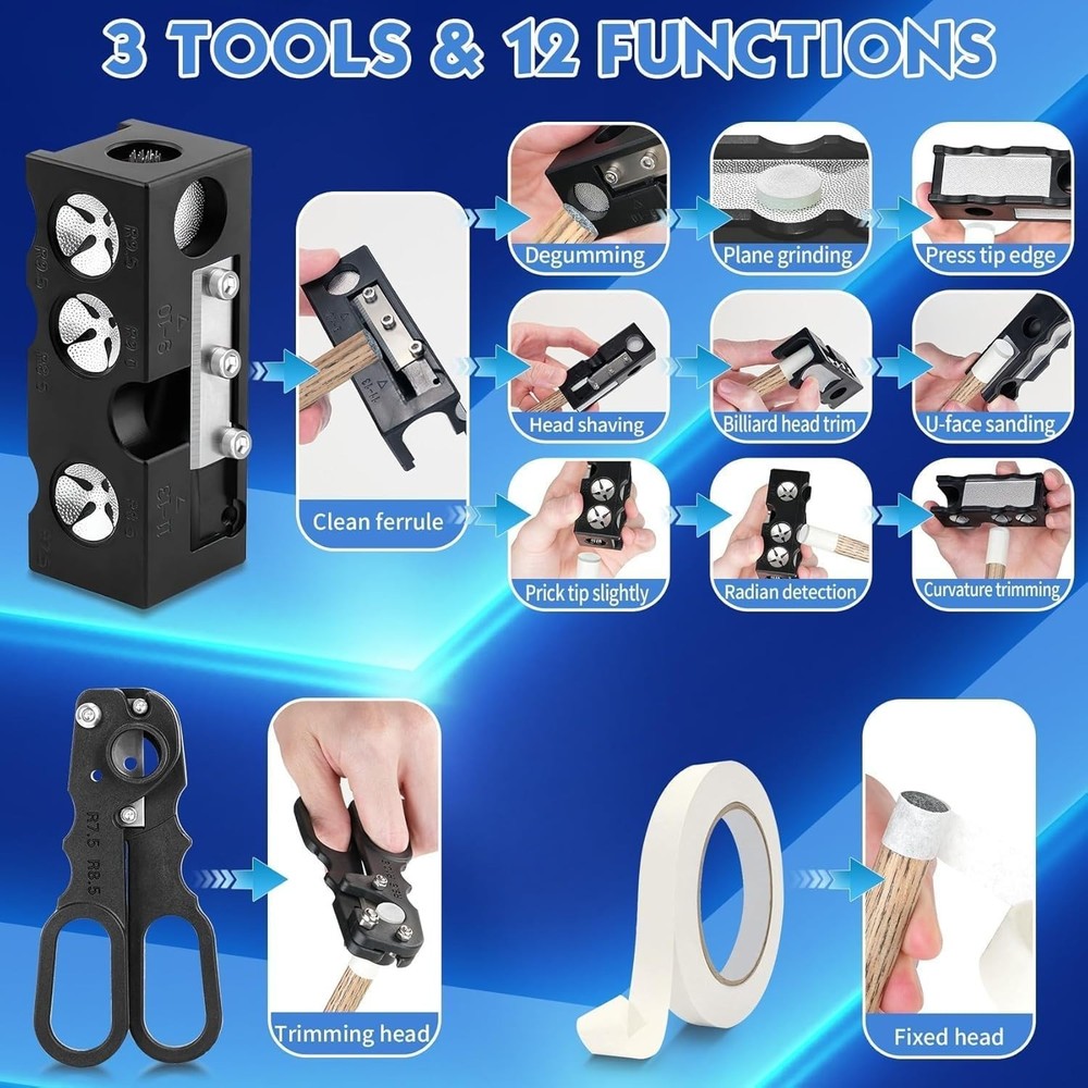 Billiards Pool Cue Tip Shaper, Pool Cue Tips Replacement Kit, Pool Cue Shaper...