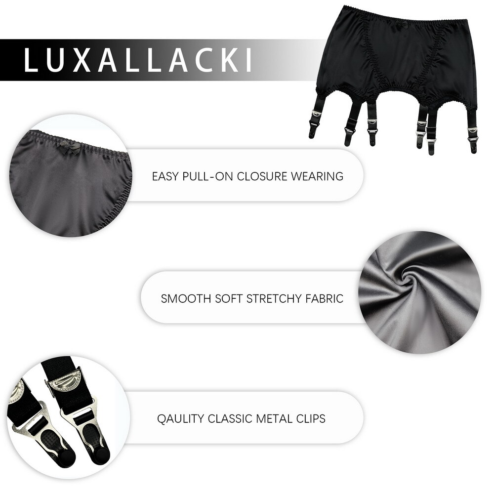 Luxallacki Silky Satin Pull-on Garter Girdle with 6 Straps Suspender Metal Clips