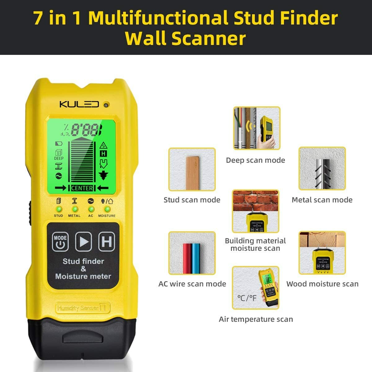 Stud Finder, moisture meter 7 In 1 Multi-Function Wall Stud Sensor Detector LCD