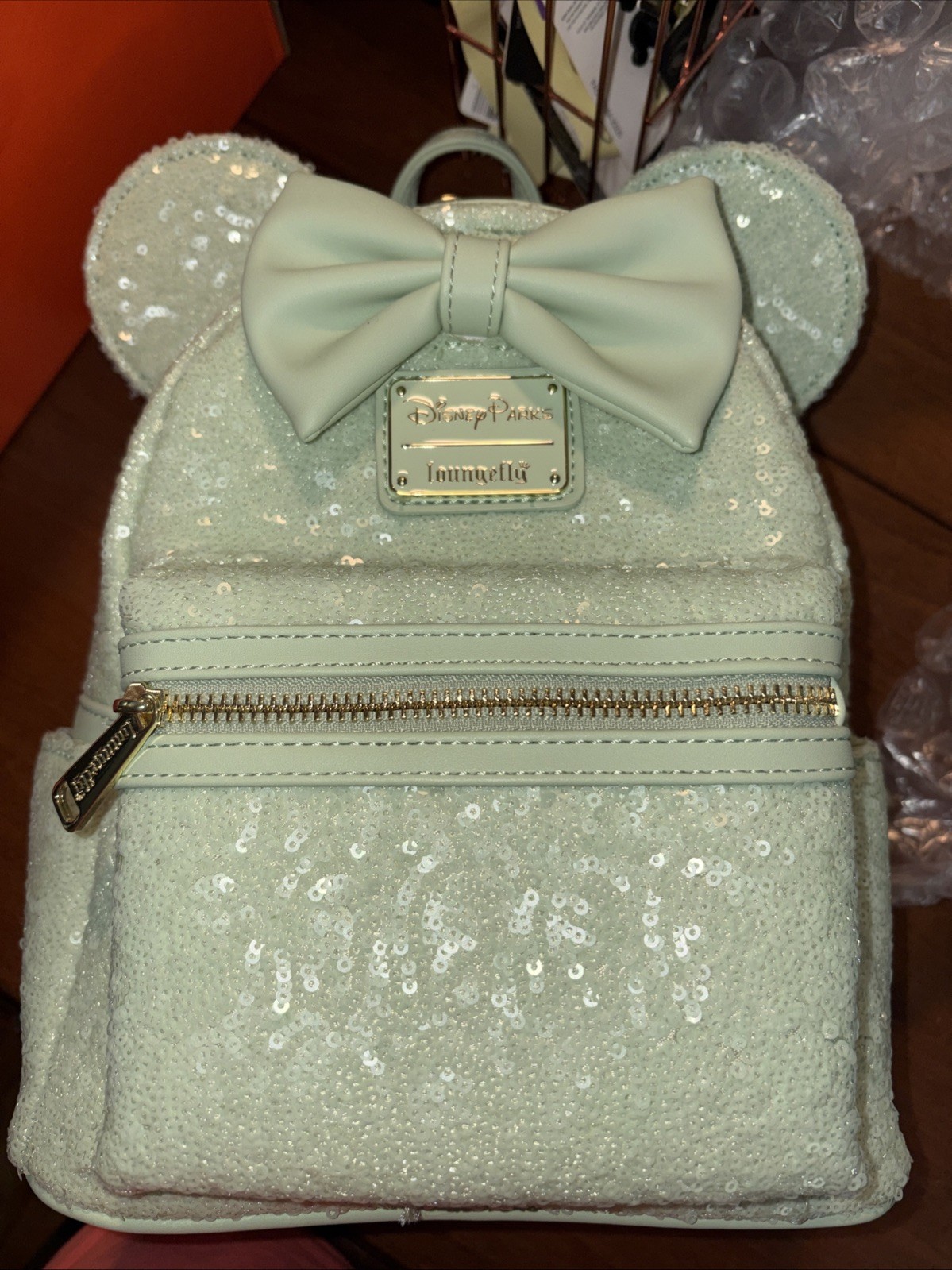 Disney Parks Loungefly Minnie Mouse Mint Green Sequin Spring Mini Backpack NEW