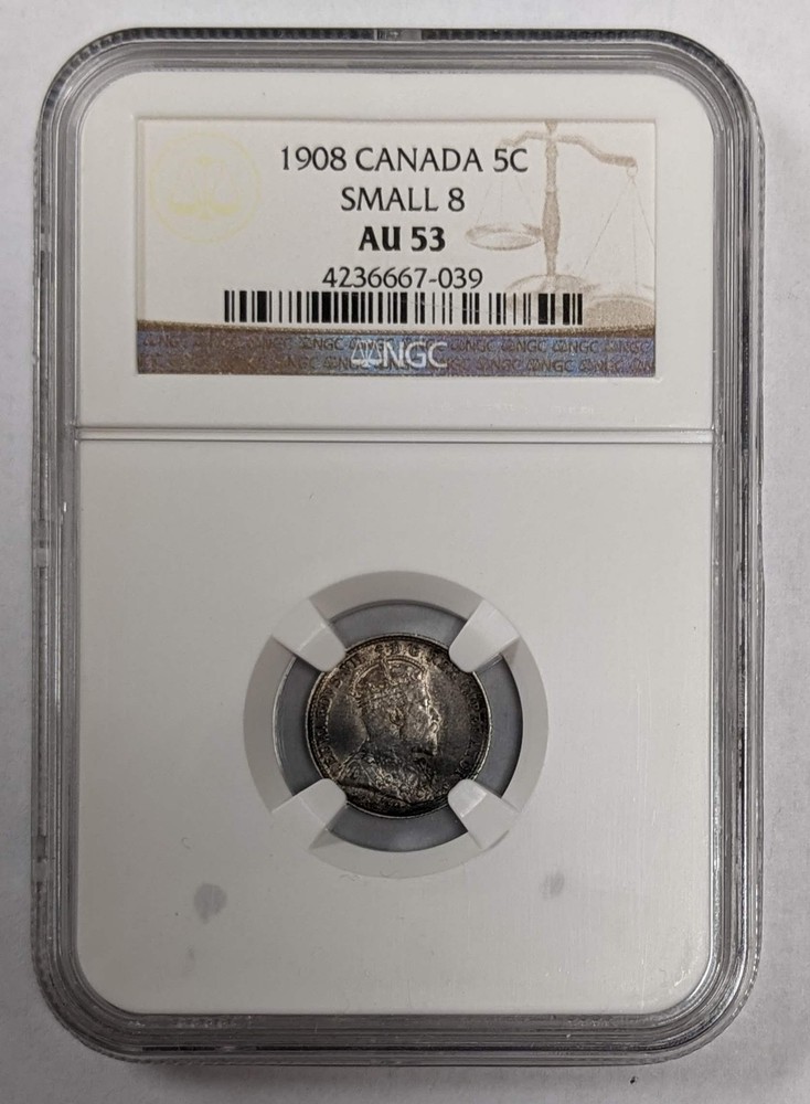 1908 Canada 5c Small 8 NGC AU 53