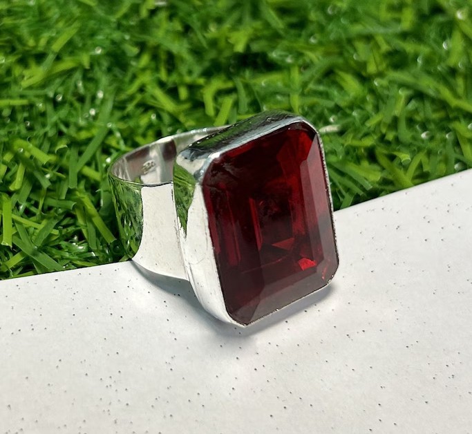 Solid 925 Sterling Silver Natural Red Garnet Emerald Cut Statement Handmade Ring