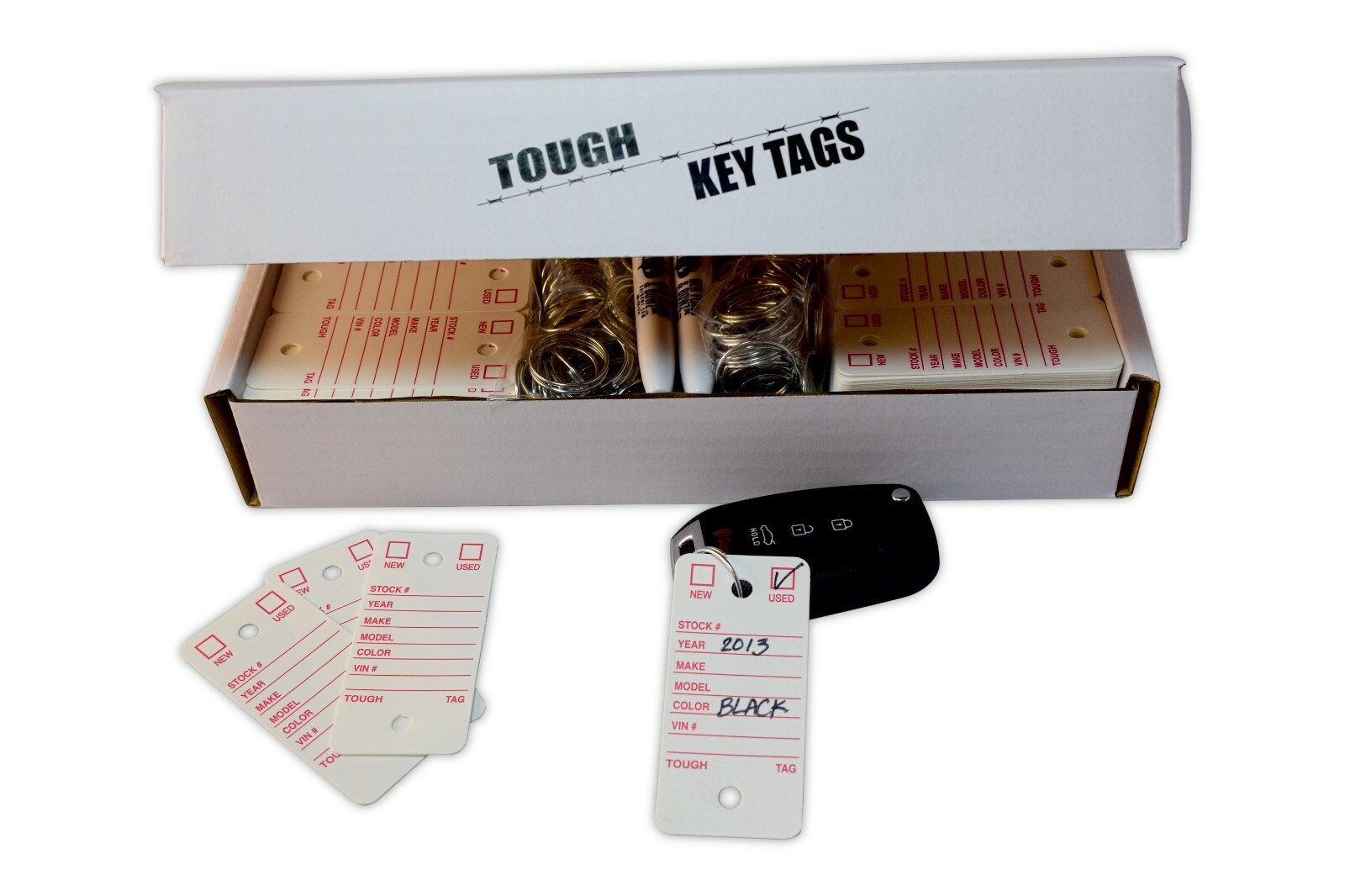 Car Dealer Key Tags, Tough Poly Rigidene Style, 500 Survivor WHITE key tags