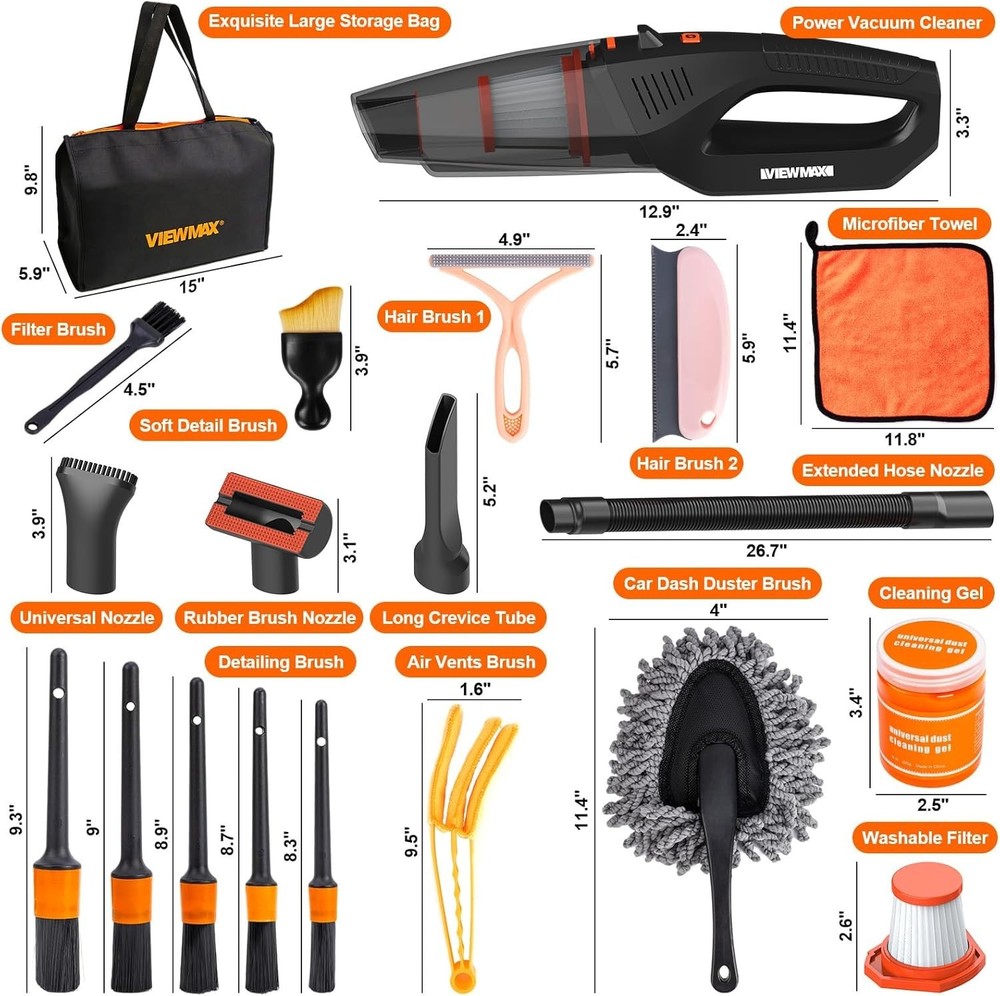 Complete Car Interior Detailing Kit: 12000PA Handheld Vacuum & Brushes