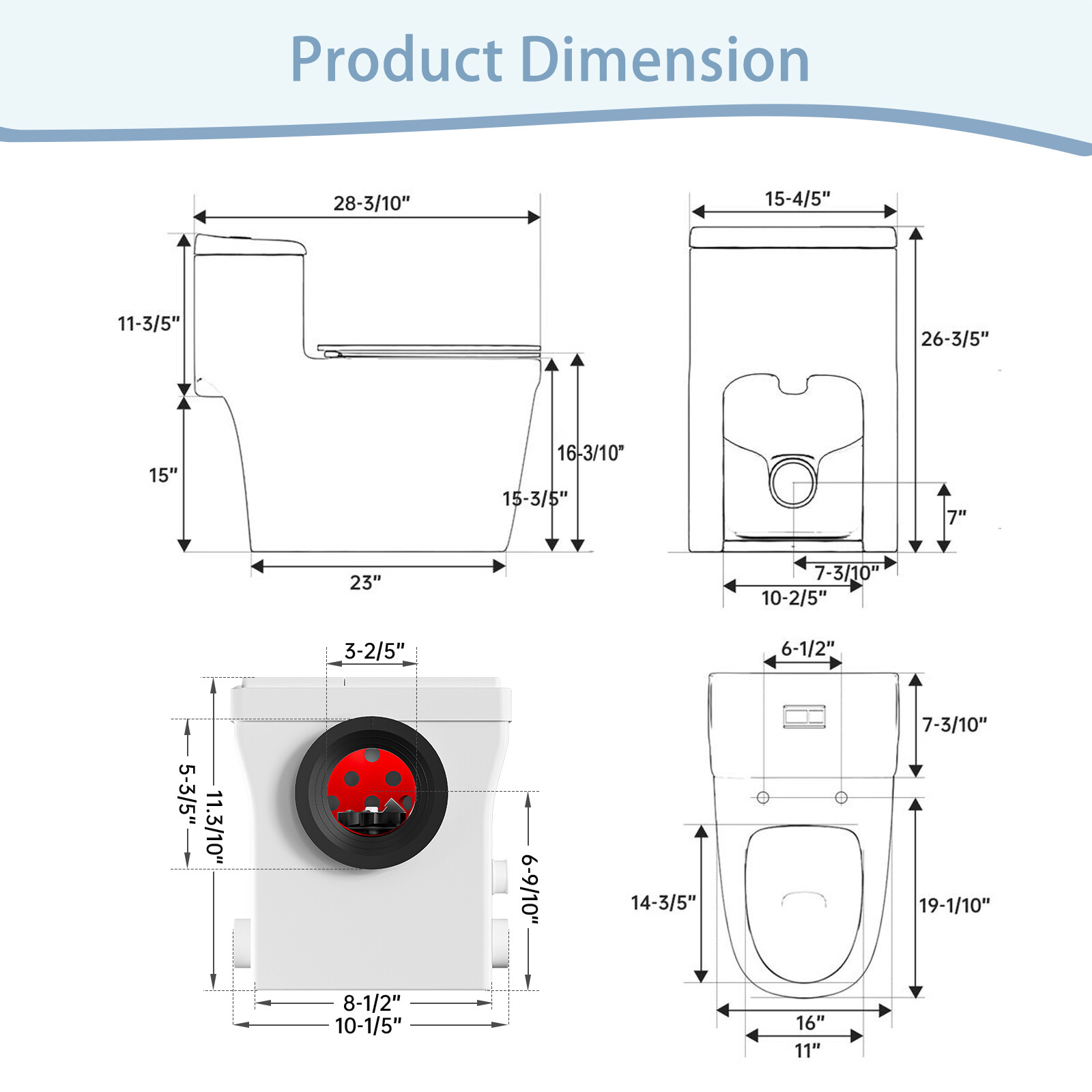 600W One Piece Macerating Toilet System Upflush Toilet with Pump 3 Inlets