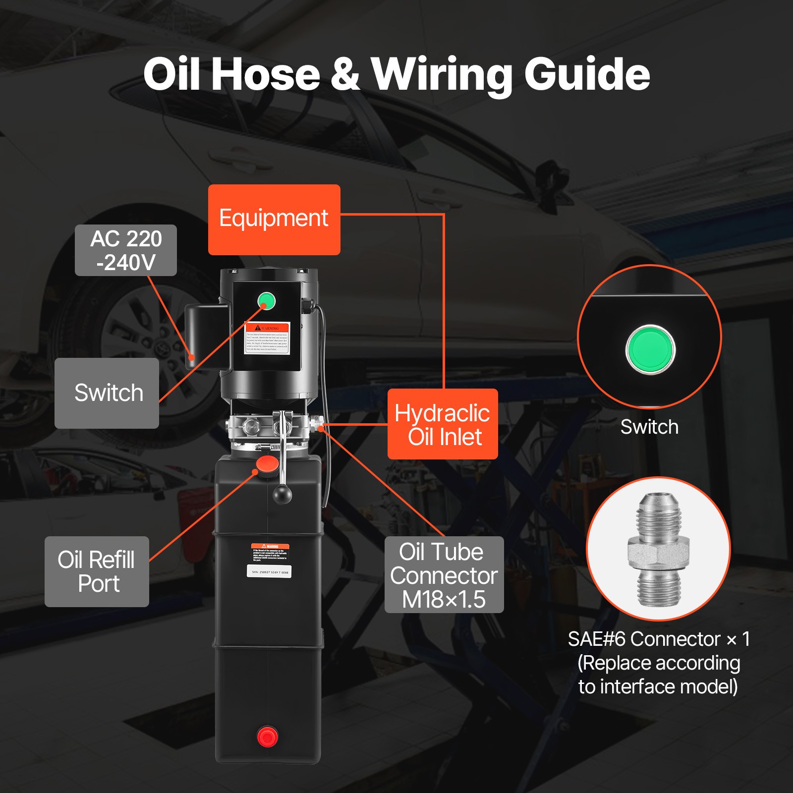 Uimoso Hydraulic Power Unit 15 Quart Single AC 220-240V for 2/4 Post Lift Pump