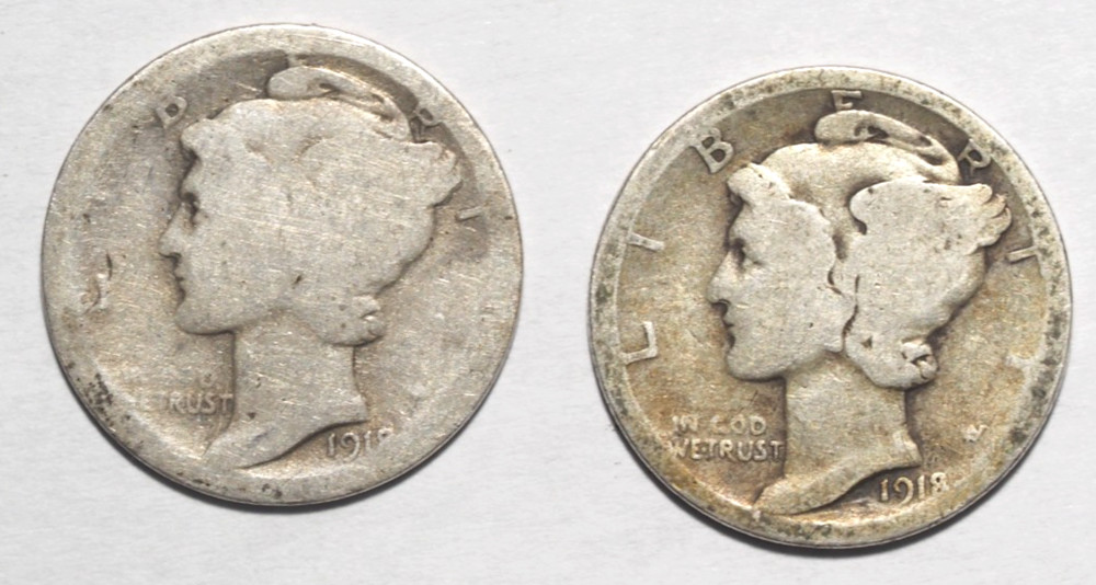 Two 1918-D Mercury Dimes -- 90% Silver