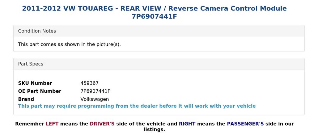 2011-2012 VW TOUAREG - REAR VIEW / Reverse Camera Control Module 7P6907441F