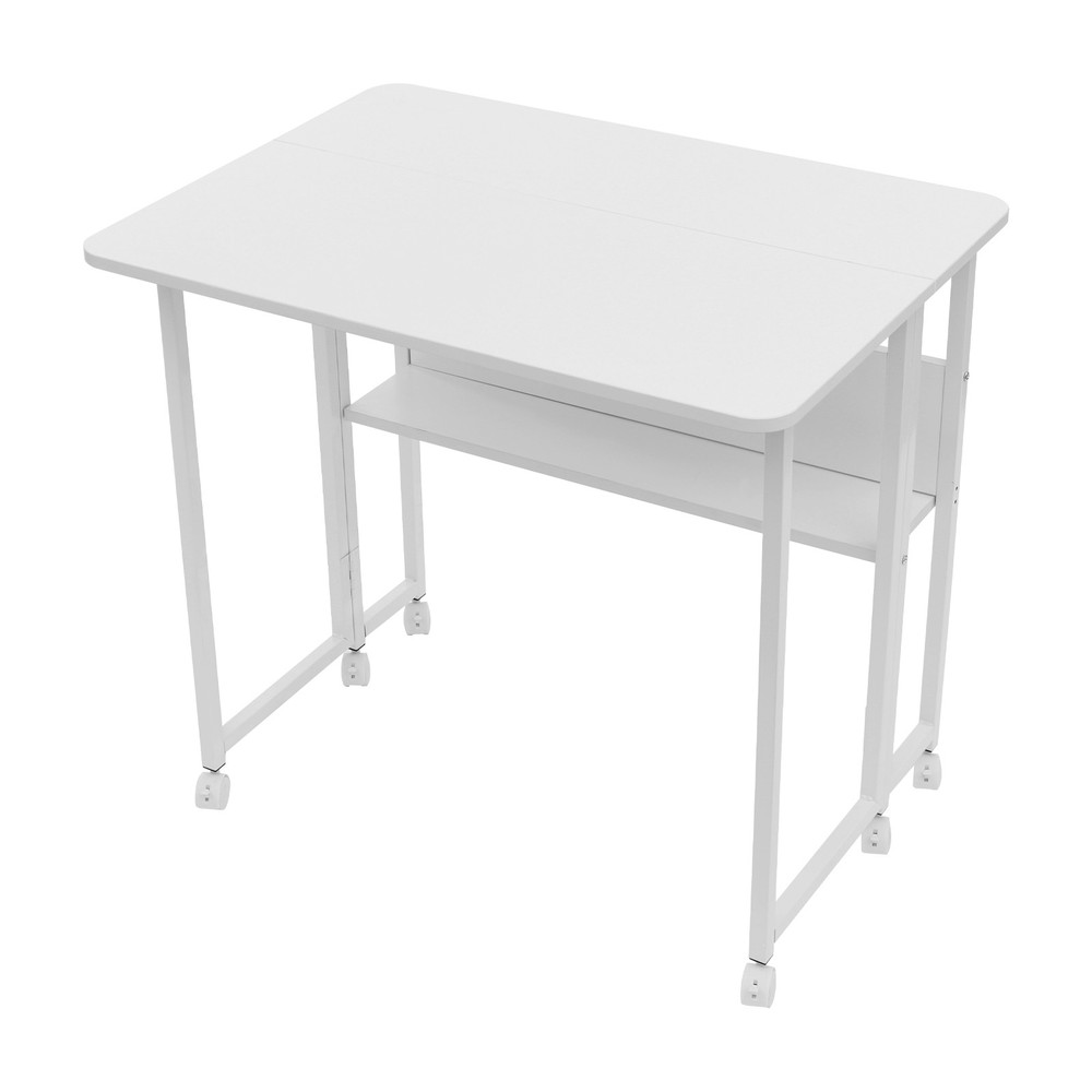 75cm(H) Computer Desk Freestanding Study Desk White Foldable Table W/ Six Wheels