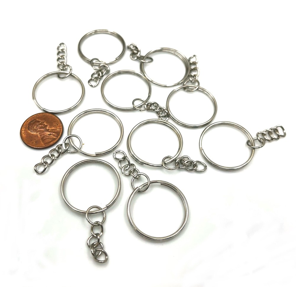 10 Silver Key rings with chain Starter Chain Base Split Ring Pendant Charm 25mm