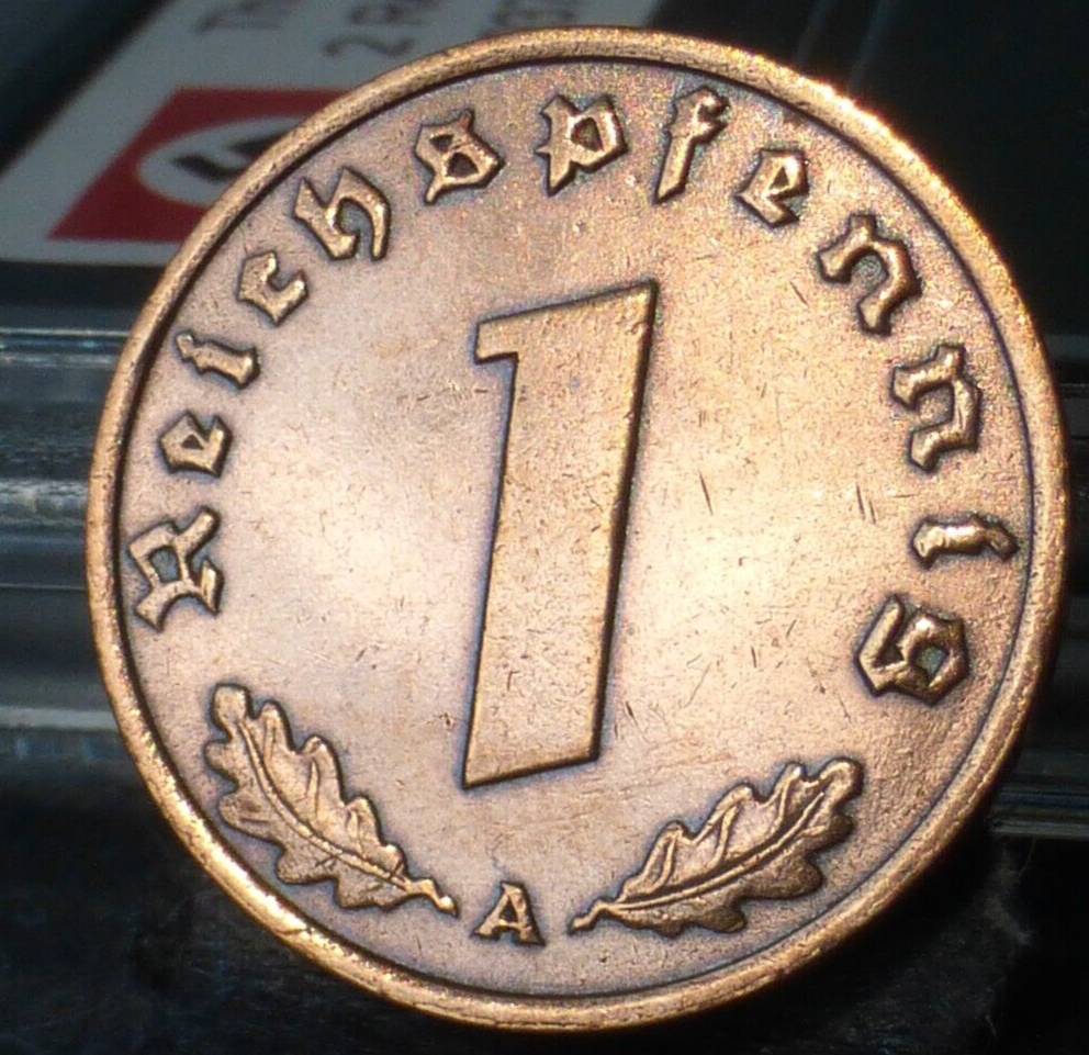 Nazi Bronze Coin - 1 Reichspfennig Third Reich Eagle Swastika Labeled WW2 Relic