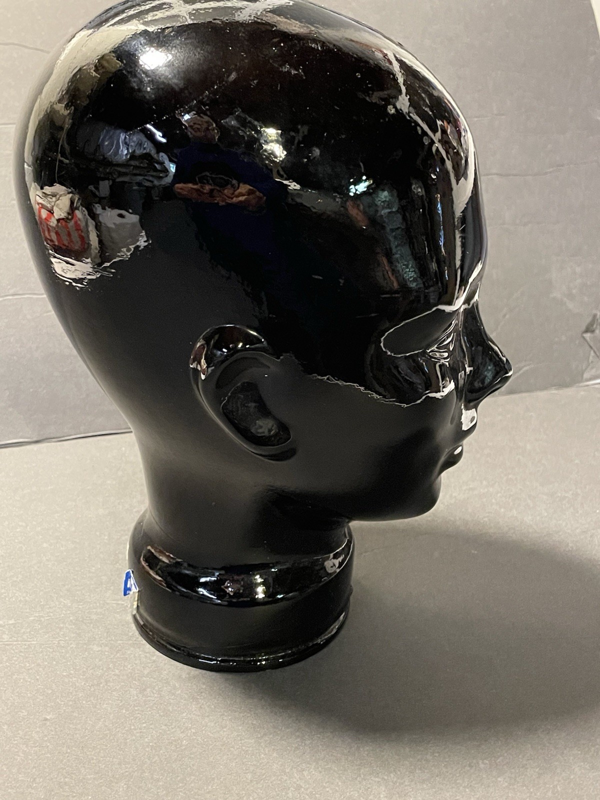 VTG Pier 1 Black Art Glass Mannequin Head Bust Wig Hat Display Made in Spain 11”