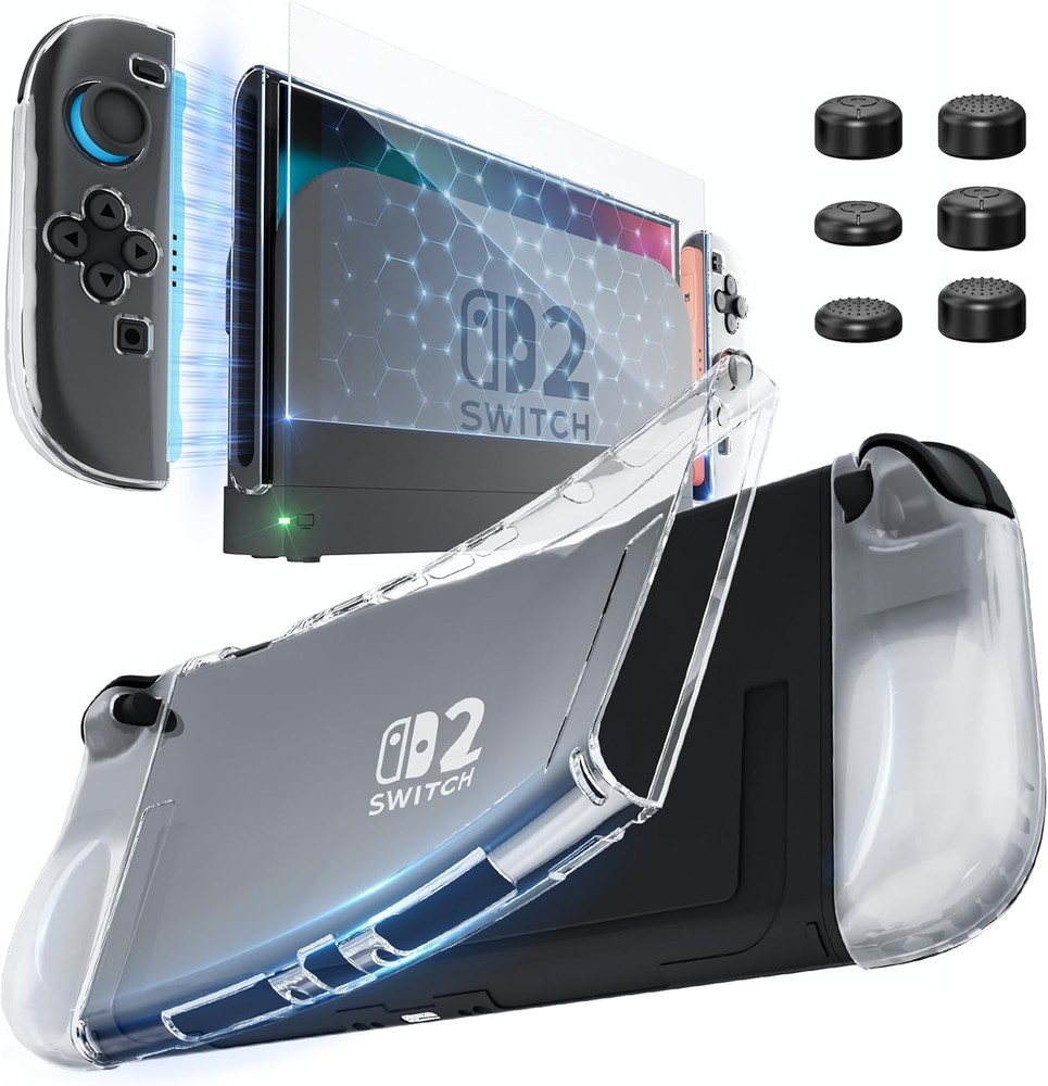 for Switch 2 Dockable Cover TPU Case + Screen Protector + 6 Silicone Thumb Caps
