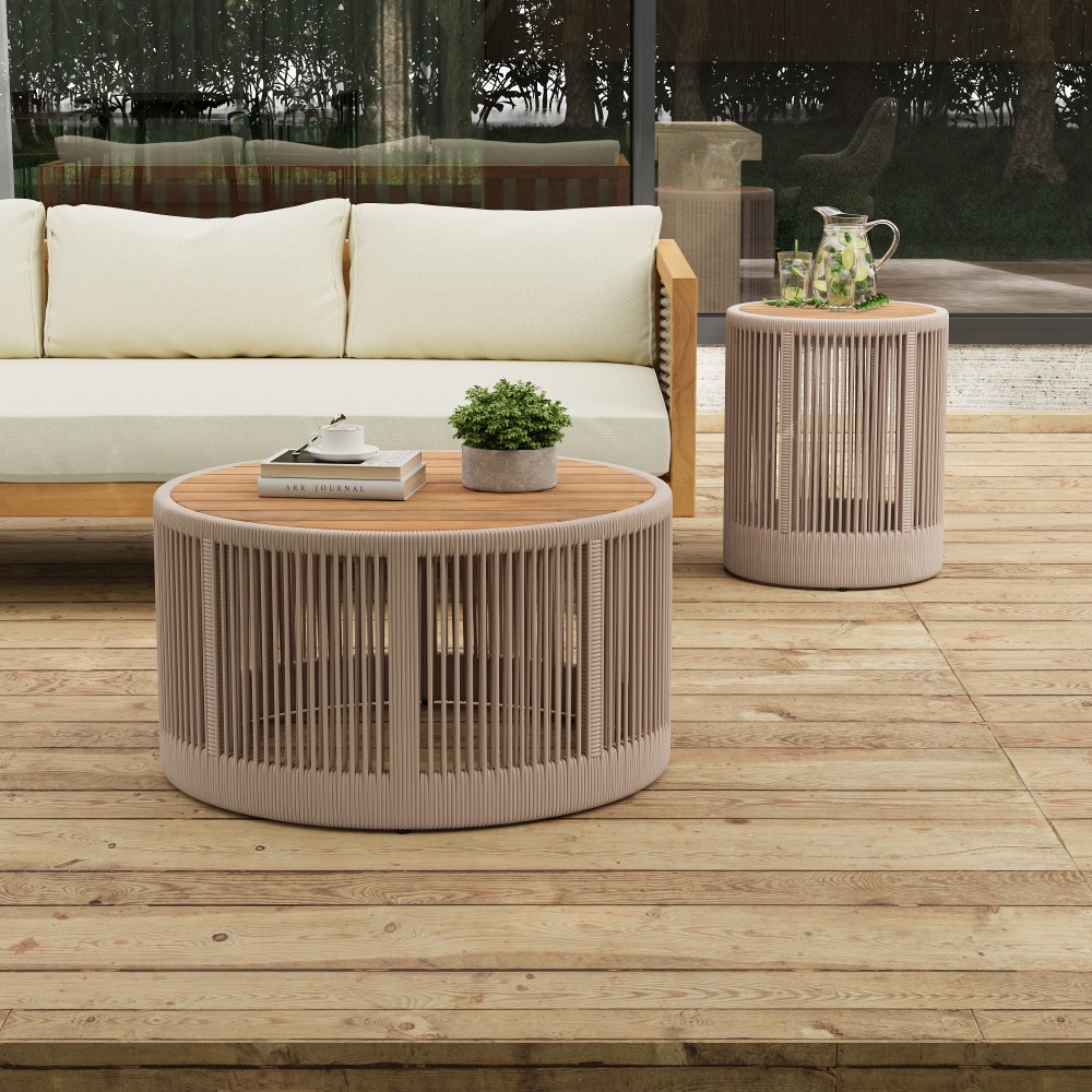 Industrial Coffee and Side Table Set with Rattan Weave, Rustic Decor