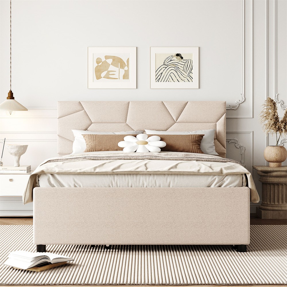 Full/Queen Size Bed Frame Upholstered Platform Bed with Headboard Beige/Gray US