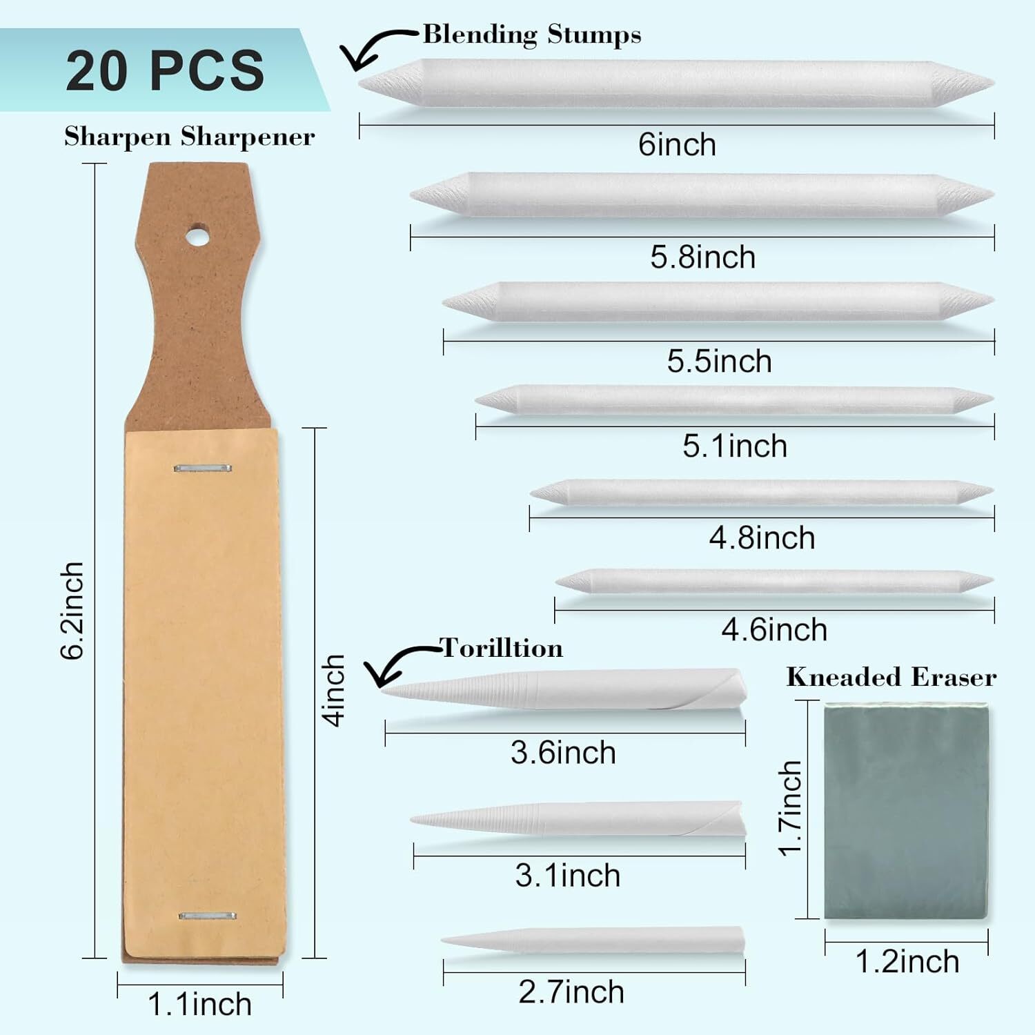 20Pcs Blending Stumps for Drawing, Tortillions Blending Sticks for Beginner Art