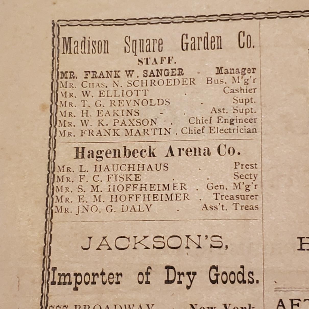 5157----1894 Madison Square Garden weekly bulletin NYC theatre + performances