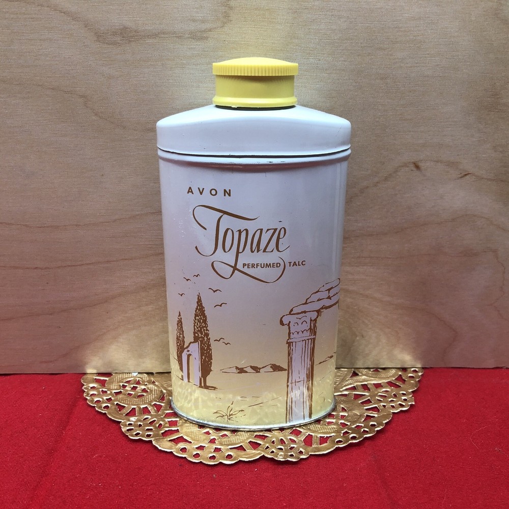 VINTAGE AVON TOPAZE PERFUMED TALC EMPTY TIN