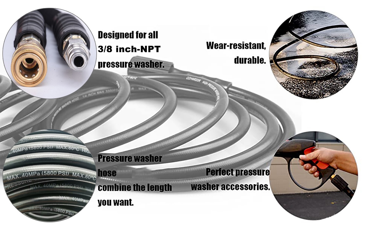 100FT 5800PSI Replacement High Pressure Power Washer Hose -3/8" Quick Connect