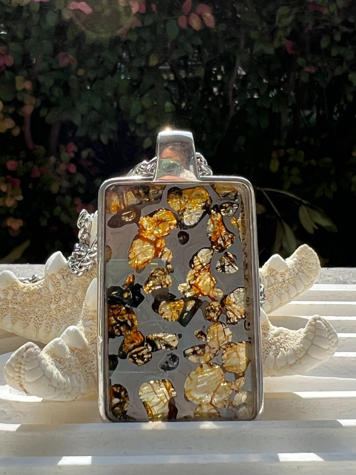 Sericho Pallasite olivine Meteorite Military Pendant 925 Sterling Silve Frame