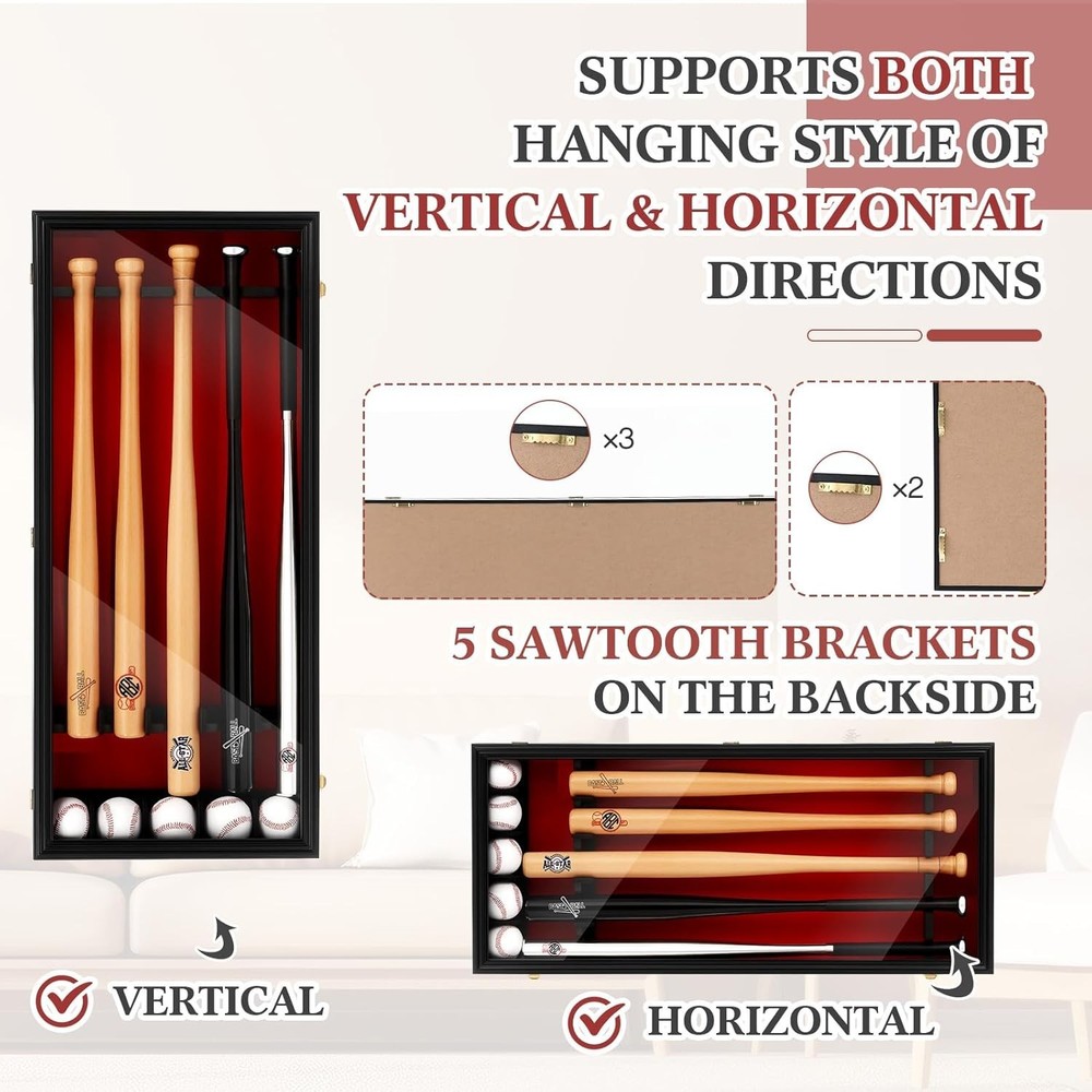Baseball Bat Display Case Wall Mounted Shadow Box Vertical or Horizontal UV P...