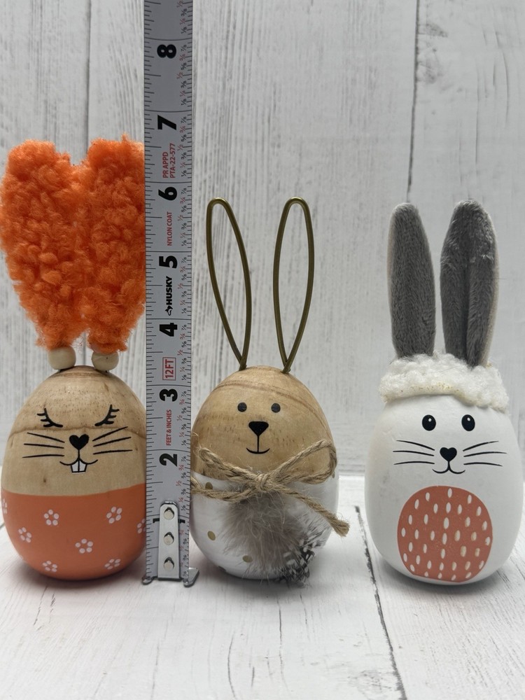Wood Easter Bunny Egg Figurines Set Spring Table Shelf Decor