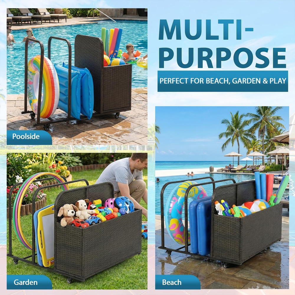 Pool Float Storage Poolside Storage Bin Holder Storage Rack with Wheels PE Ratta