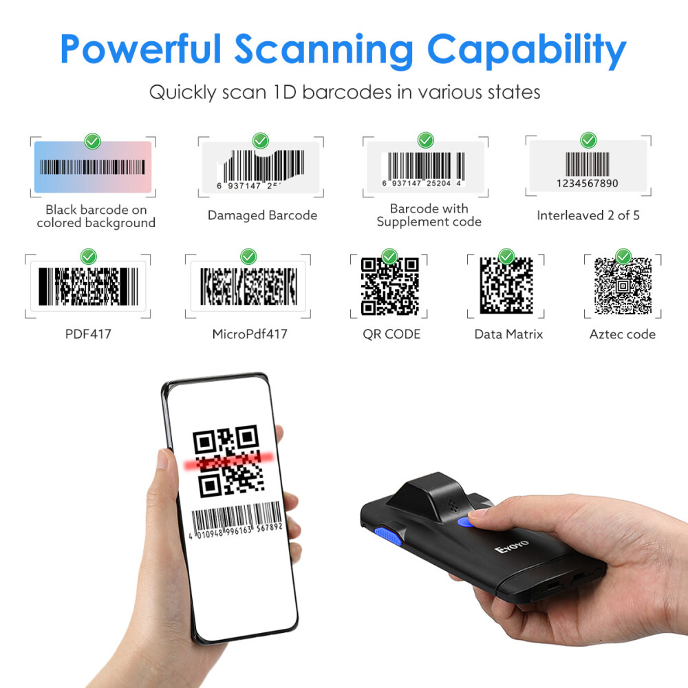 2D QR Wireless Bluetooth Barcode Scanner,Phone Back Clip for iPhone,Android, iOS