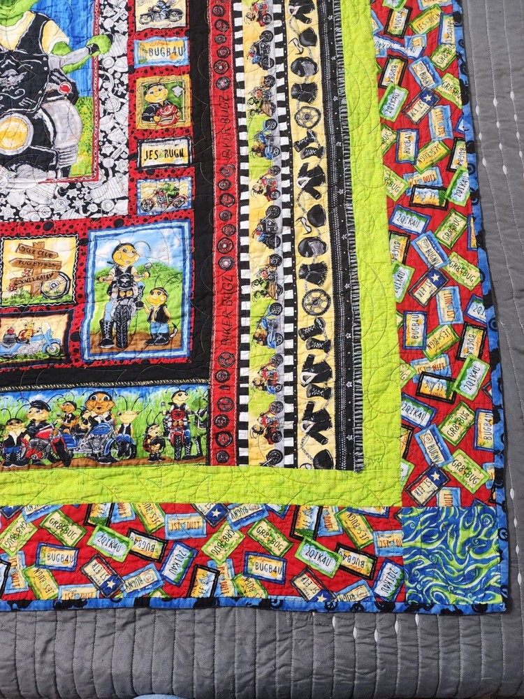 Vintage Motorcycle Biker Bugz Patchwork Reversible Quilt Throw 51" x 60"
