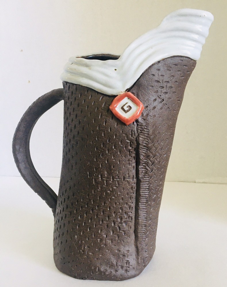 Ceramic Pitcher Basket Weave Textured Studio Pottery with Makers Mark 11" Tall