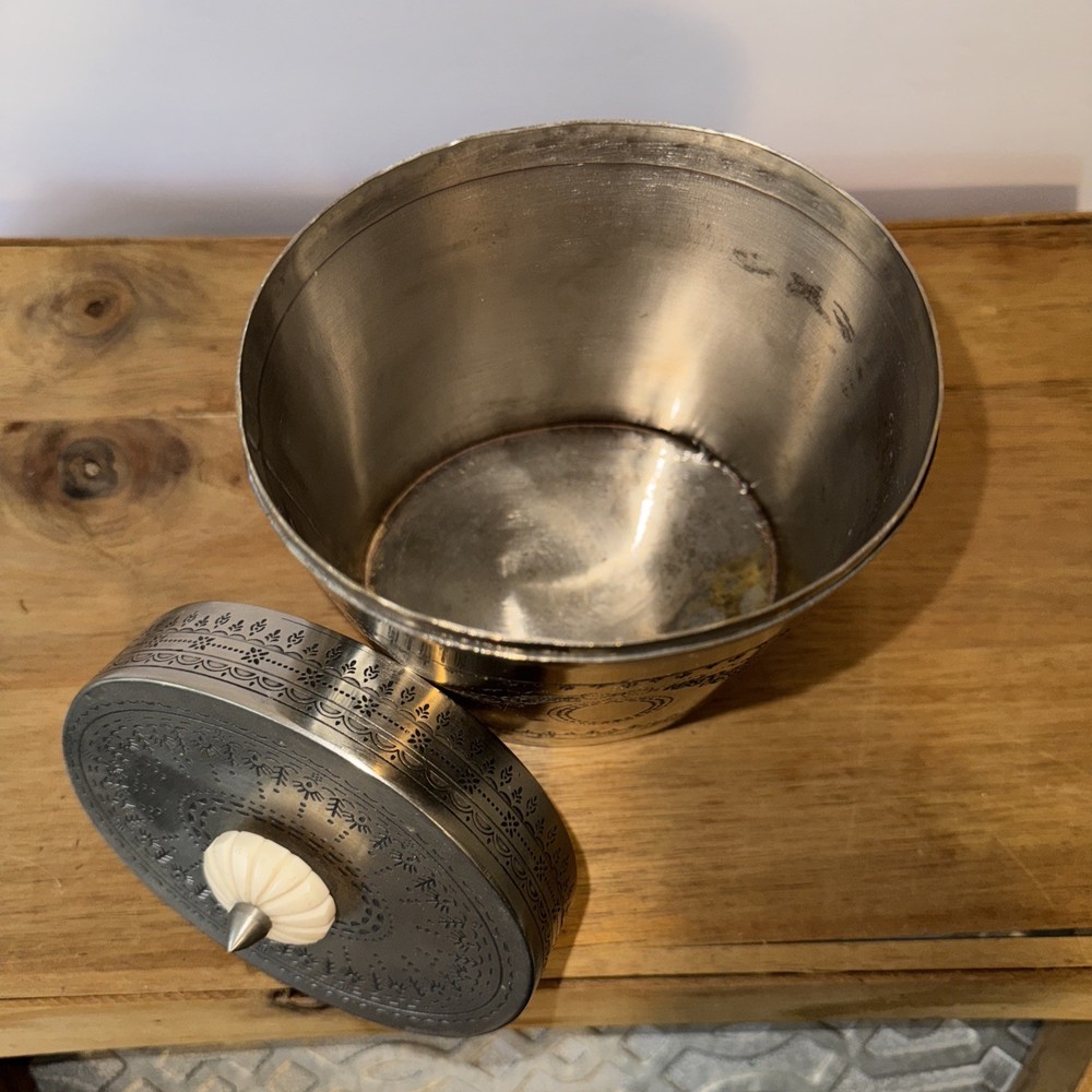 Vintage Silverplate Engraved Tea Caddy Biscuit Barrel Oval 7.5"