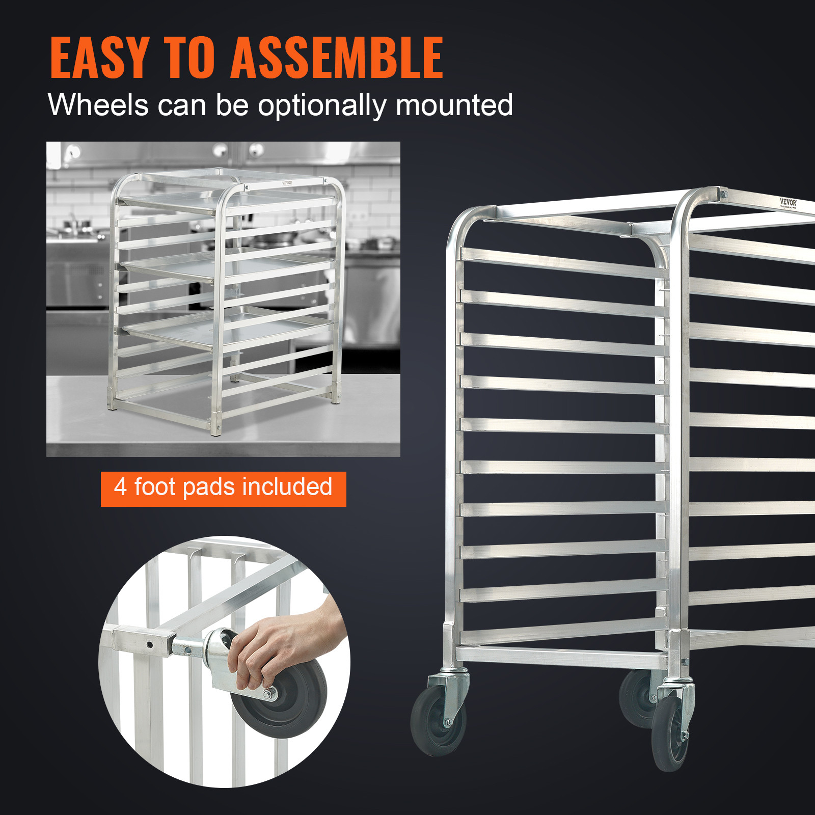 VEVOR 10 Sheet Commercial Bun Pan Rack Kitchen Aluminum Baking Racks Brake Wheel