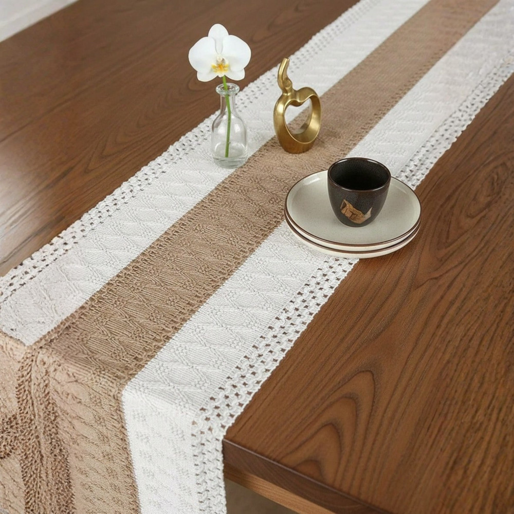 Boho Table Runner With Tassels Cream & Brown Macrame Woven Table Runner Mat