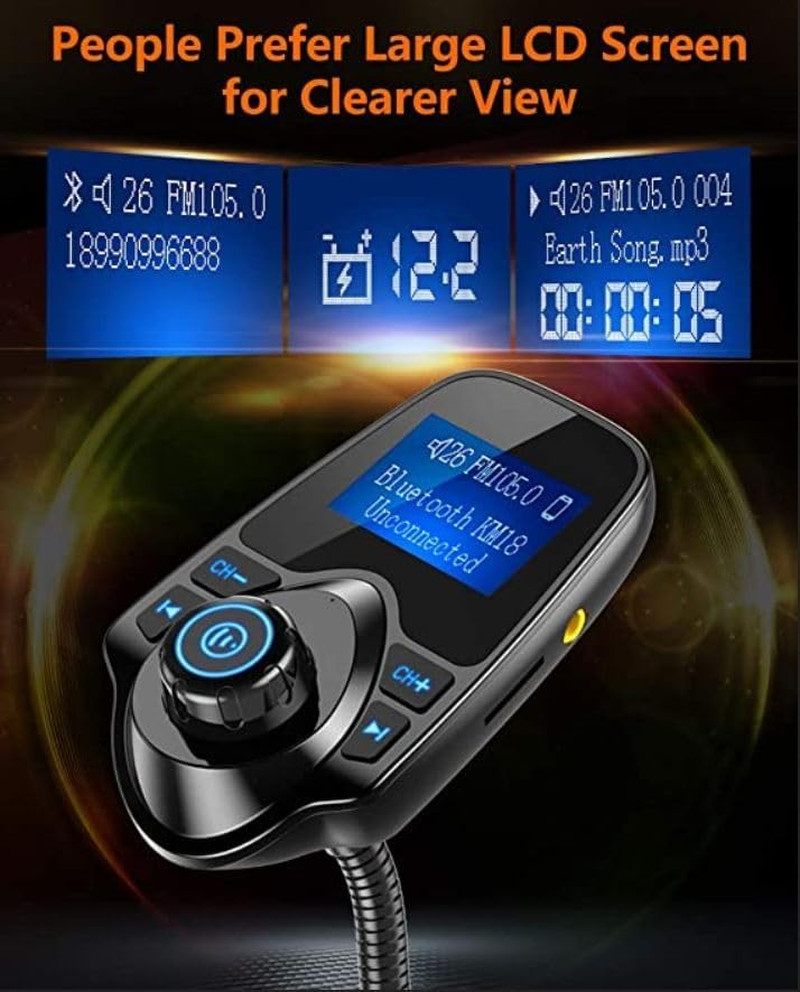 Car Bluetooth FM Transmitter [2024 Upgraded], 1.44" Display Flexible Gooseneck,